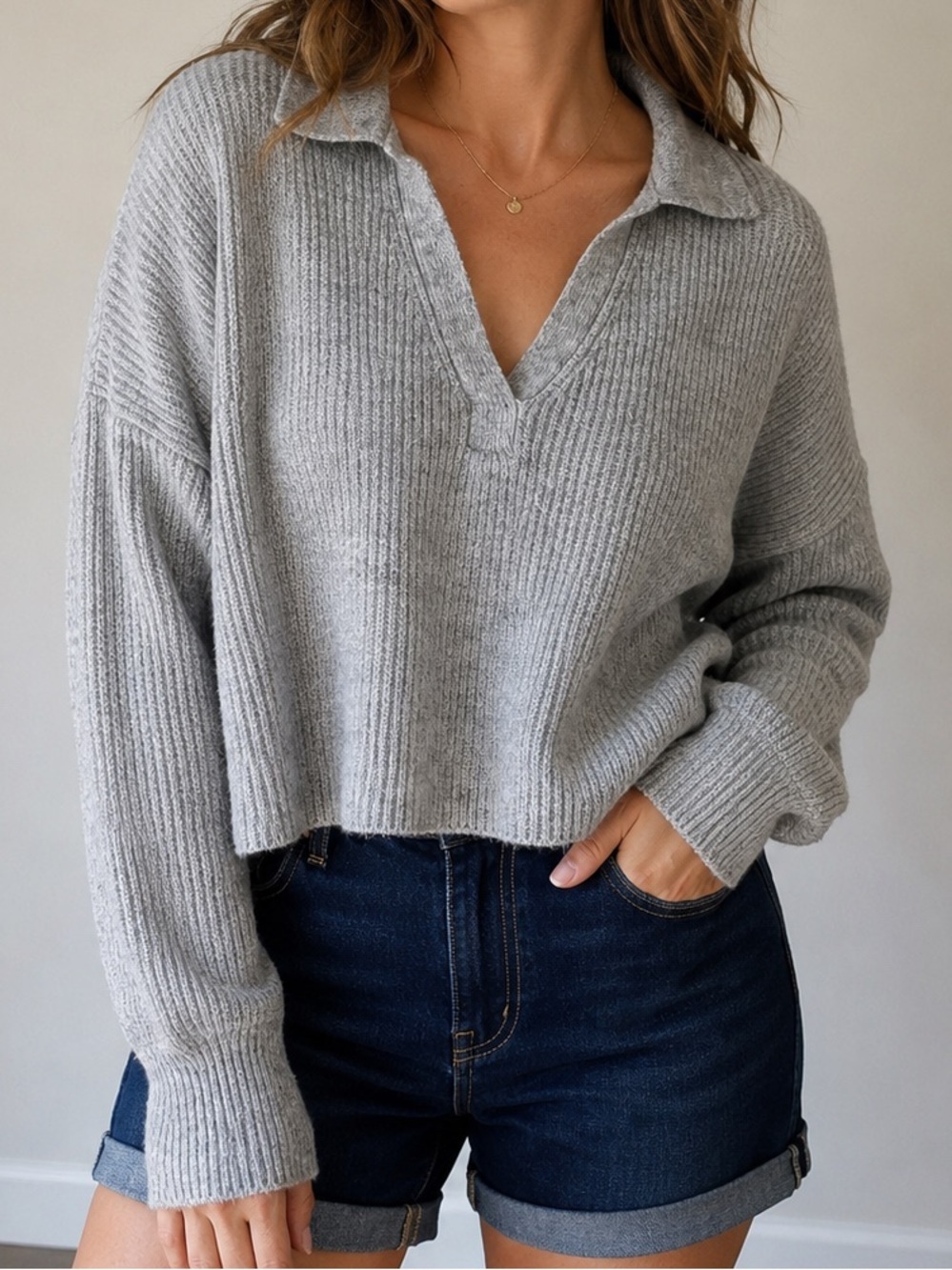 Kaisley Gray Collared Knit Sweater XXL Oversized Cozy V-Neck Pullover,wool blend